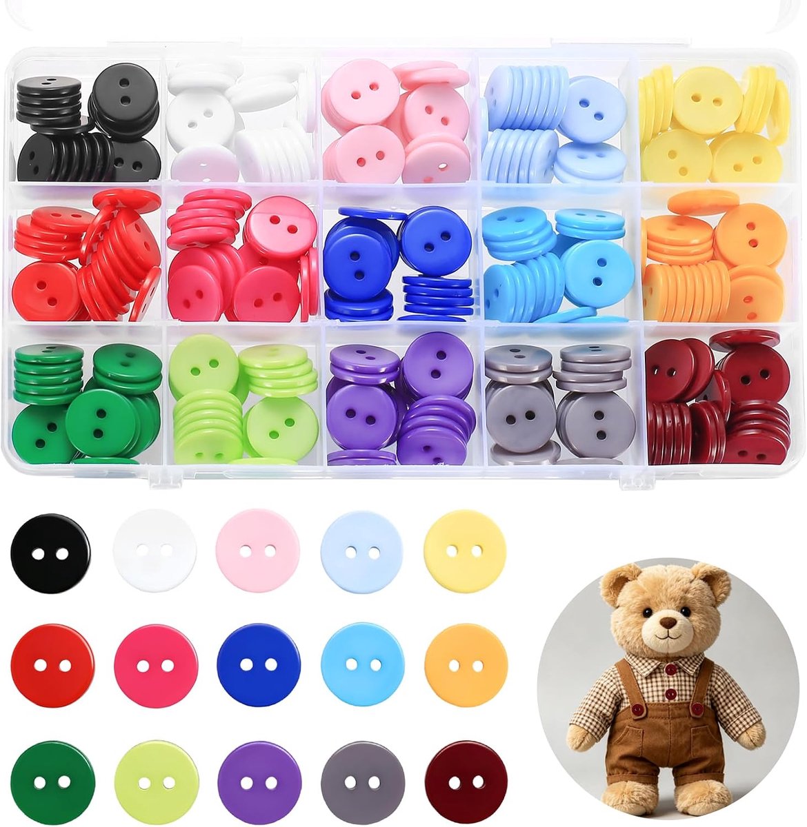 Knopen om te knutselen, ronde harsknopen voor cardigan, 15 mm, gemengde knopen, decoratieve knopen voor doe-het-zelf knutselen, naaien, kleding (15 kleuren)