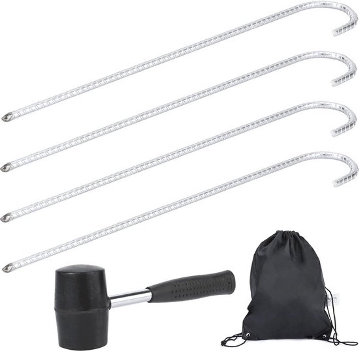 Set van 4 Grondankers van 42 cm met Rubber Hamer en Opbergtas - Voor Veilige Bevestiging van Tenten en Paviljoenen