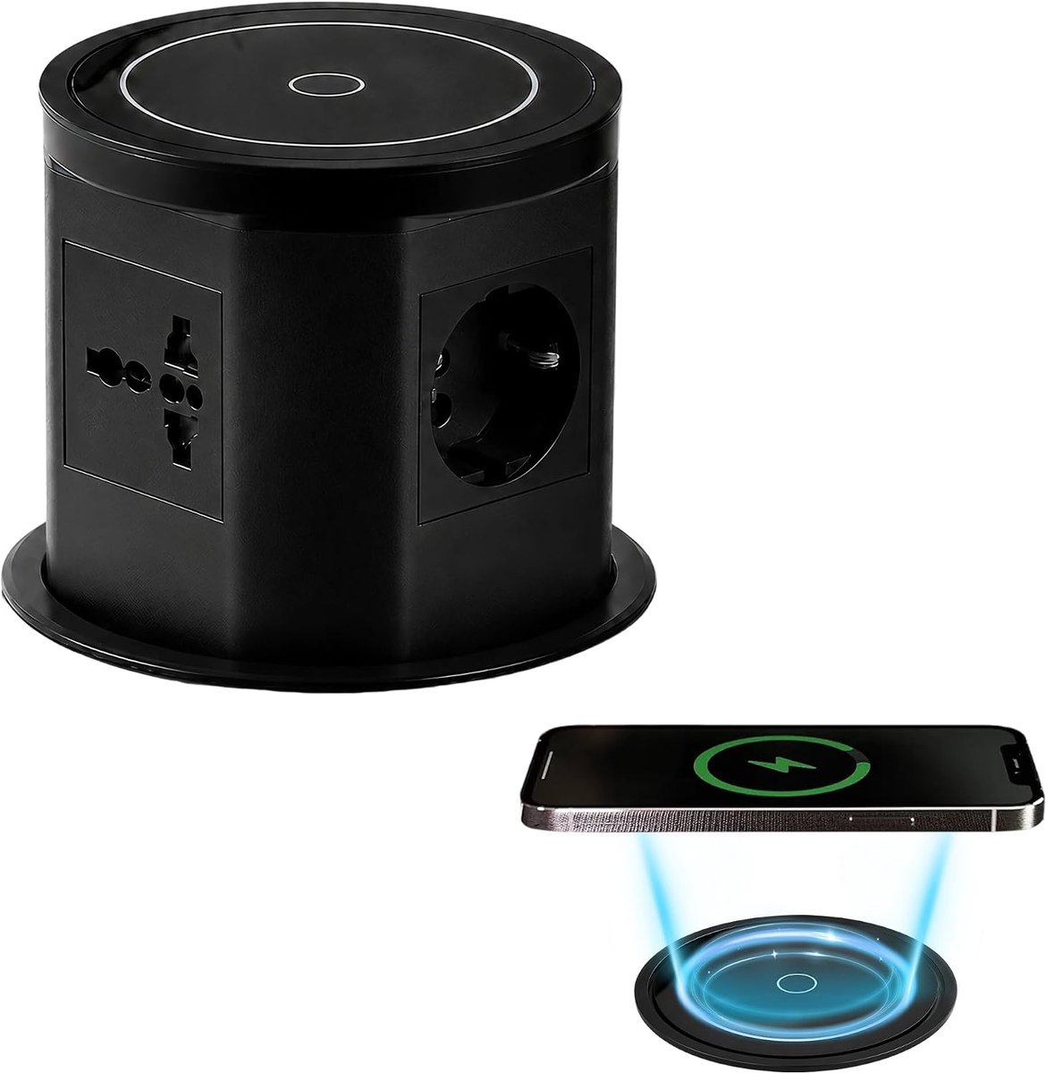 stekkerdoos, met USB en draadloos laden, zwart, 110-250V | Pop-up design; voor kantoor en keuken; overbelastingsbeveiliging.