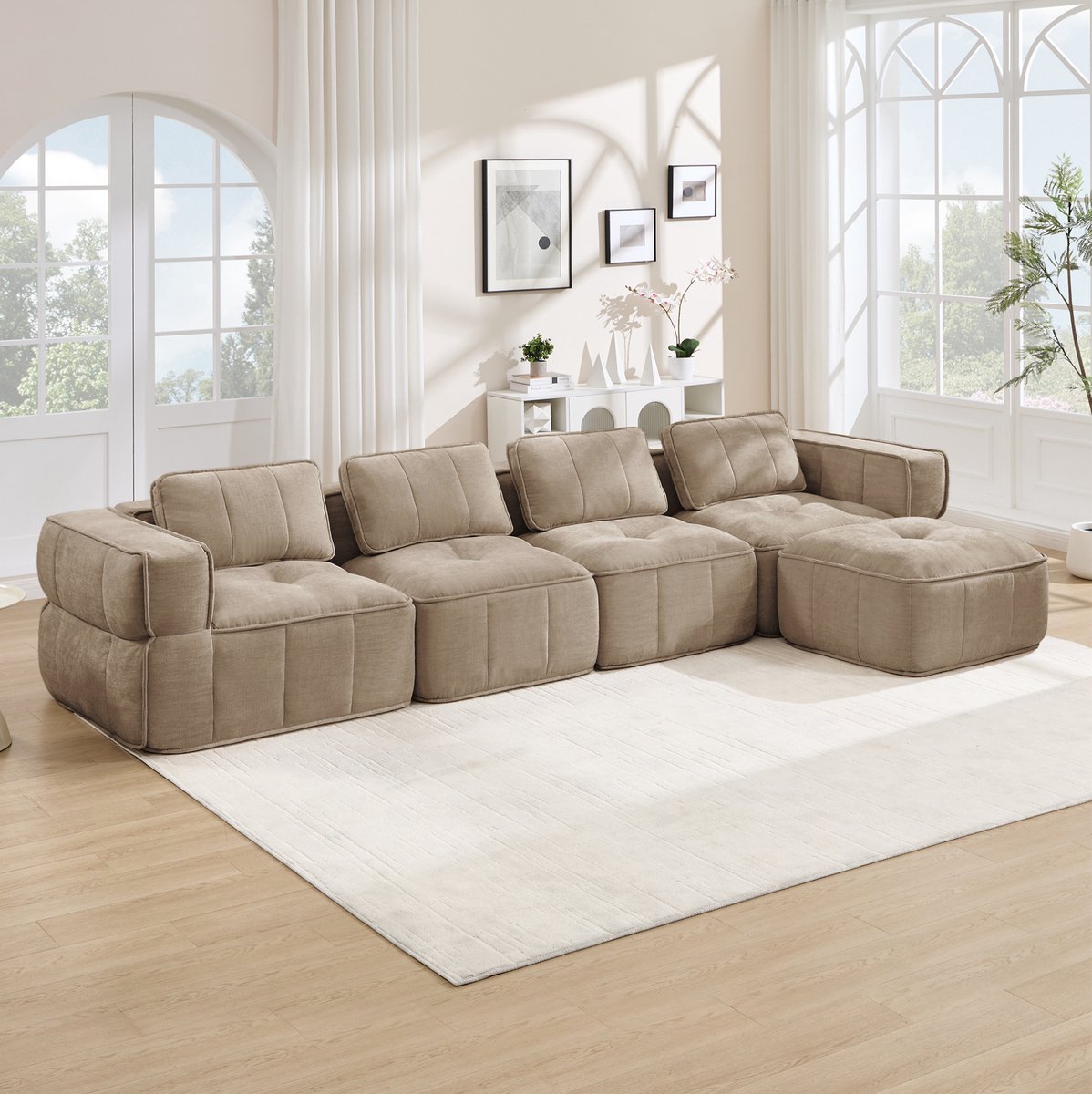 MODENUIT Hoekbank 344 x 162 x 67 cm - Modulaire 4-Zits Met Hocker - Woonkamer - Polyester Zand