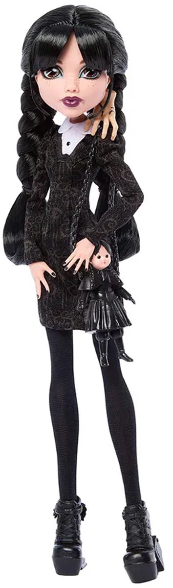 Monster High x Wednesday verzamelpop - Wednesday Addams in zwarte jurk met Thing als accessoire — afbeelding 11
