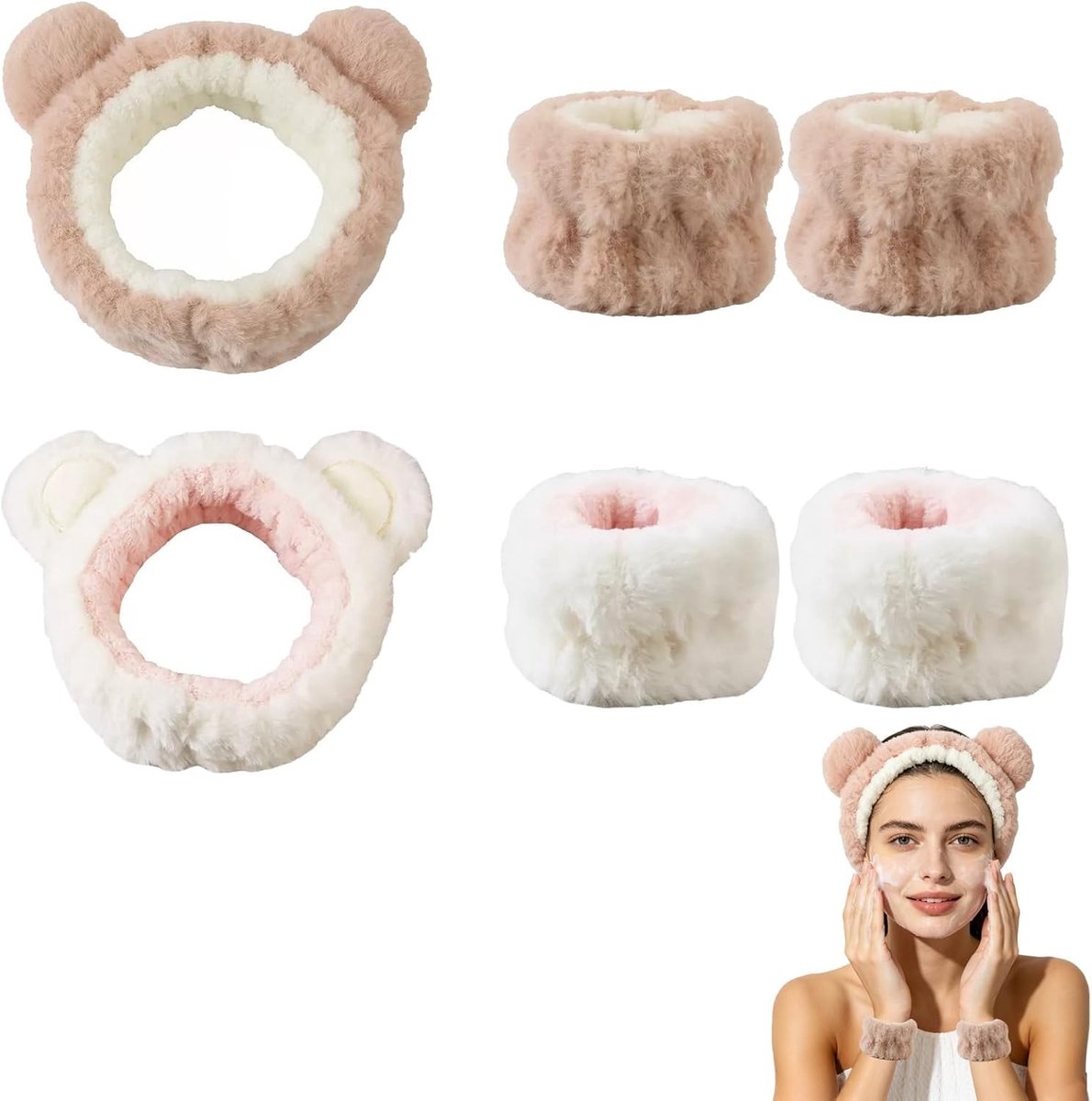 Set van 6 Haarbanden met Oren voor Make-up en Verzorging - Elastisch en Absorberend Flanel voor Yoga, Douche en Sport - Zacht in Roze en Wit