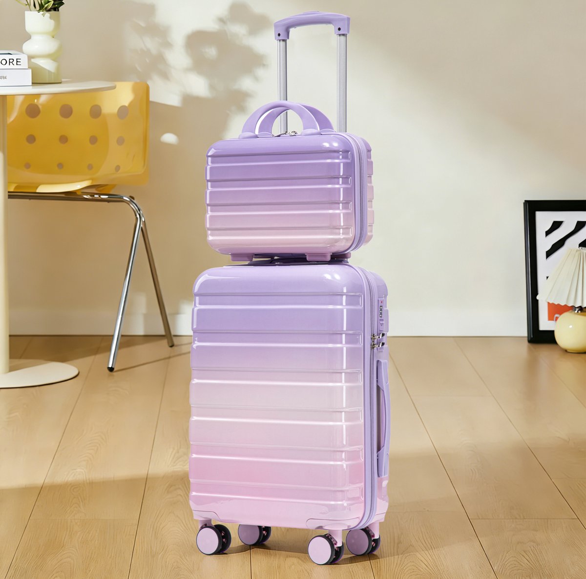 MEUNIQ Hardcase kofferset 20 inch met 14 inch cosmetische tas, PC-schaal, cijferslot, 4 zwenkwielen en verstelbare trolleygreep, paars
