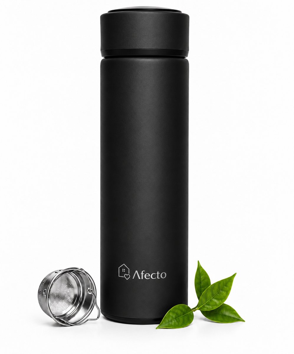 Afecto Dubbelwandige zwart geïsoleerde drinkfles | inhoud 500 ml | Dubbelwandige Thermosfles - Thermosbeker - Isoleerfles - Thermoskan - Travel Mug - bidon drinkfles - Koffiebeker - Drinkflessen - RVS - Metaal
