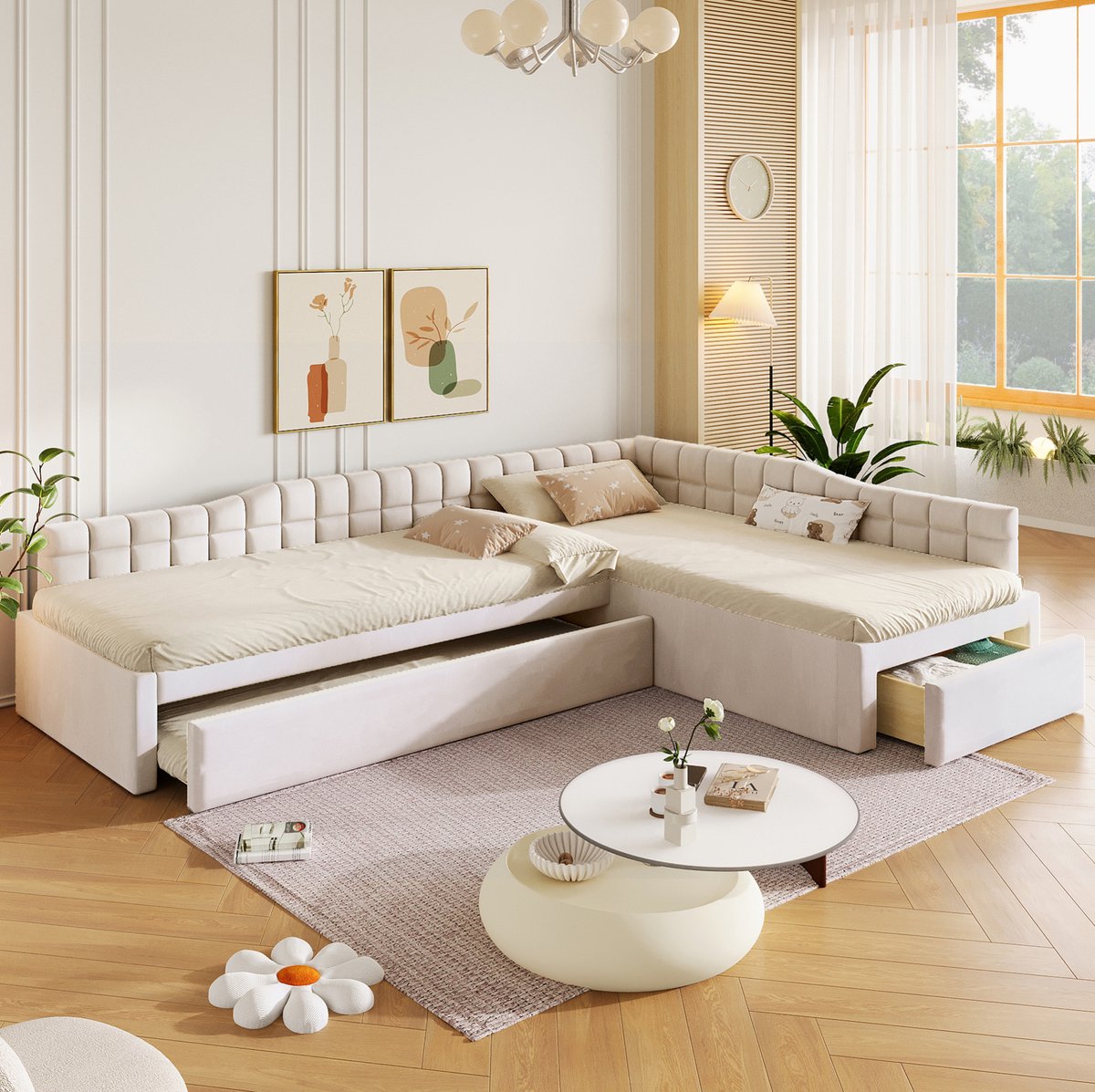 MODENUIT Bed L-vormig - 90x200 cm - Uitschuifbed - MDF - Beige - Fluwelen Stof - Bedlades - Lattenbodem - Kinderkamer