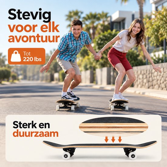 Jongeman en vrouw skateboarden met de tekst 'Stevig voor elk avontuur' en 'Tot 220 lbs'.Close-up van 7 lagen esdoornhout en de stevigheid.