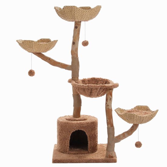 Bruine kattenkrabpaal met drie mandjes, een huisje en hangende pompons.