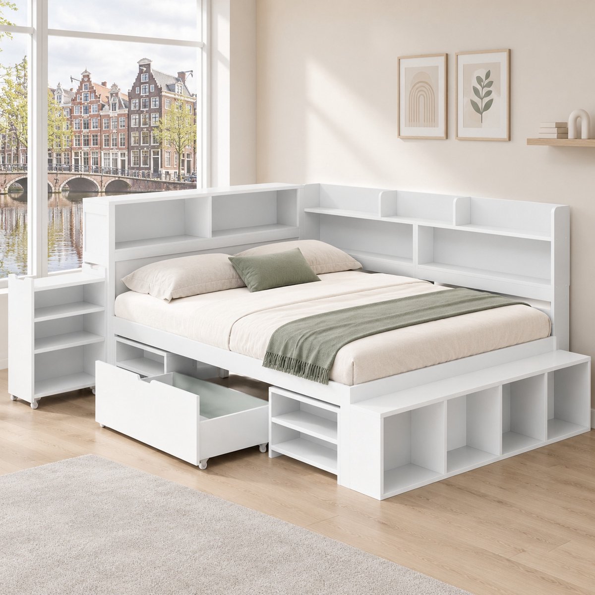 WUVRIE Kinderbed 140 x 190 cm met lades, schappen, lattenbodem en opbergruimte, wit