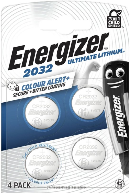 Pack de 4 piles bouton Energizer Ultimate Lithium 2032, avec logos 'Colour Alert+' et 'Child Shield'.