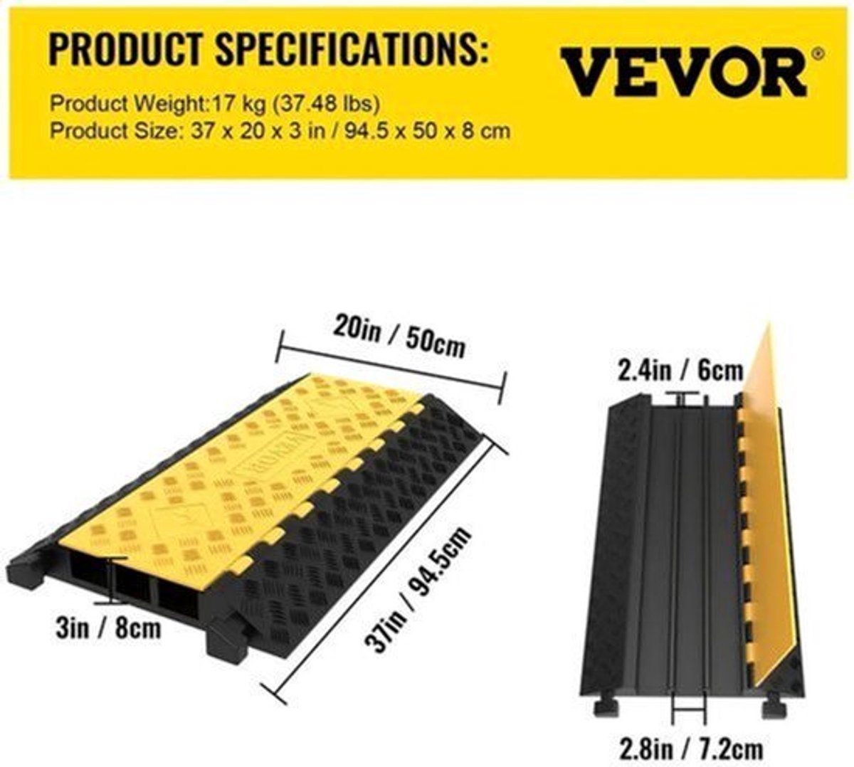 Cable Protector Driveway - Cable Protector Driveway - Cable Protector - Cable Protector Threshold - Cable Protector - Cable Cover - Cable Mat - 1 verpakking van 3-kanaals rubberen kabelbeschermers - Zwart Geel