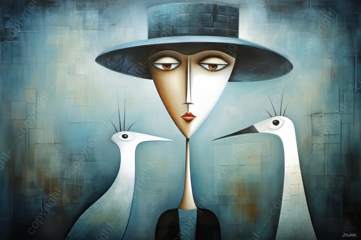 John Joseb Art (Aluminium) 60x40 | Vrouw met hoed en vogels, modern minimalisme, abstract, kunst, woonkamer | mens, portret, blauw bruin, oranje, wit | foto-schilderij op dibond, metaal wanddecoratie