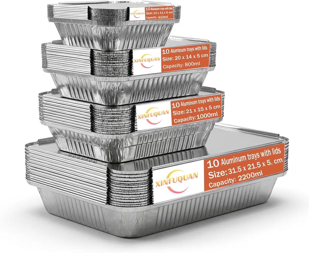 Aluminium voedselcontainers met deksels - 40 stuks in 2200 ml, 1000 ml, 800 ml en 410 ml - Ideaal voor grillen, koken en invriezen