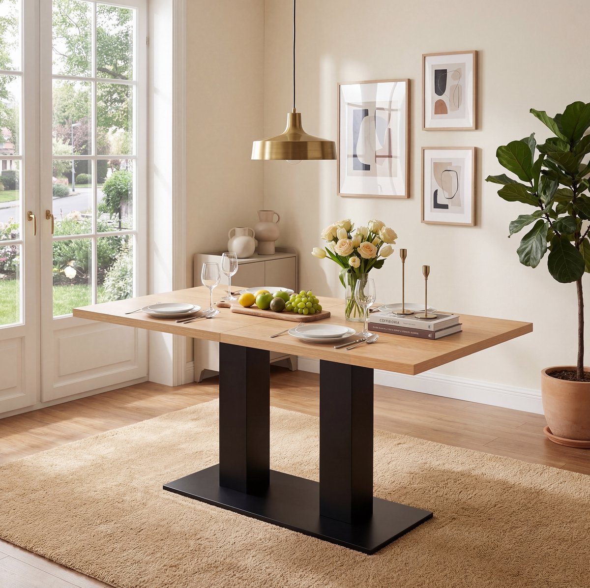 MEUNIQ Uitschuifbare rechthoekige eettafel 140/180 x 70 cm met 30 mm MDF-tafelblad en dubbele kolompoot voor 4-8 personen, eetkamer, naturel