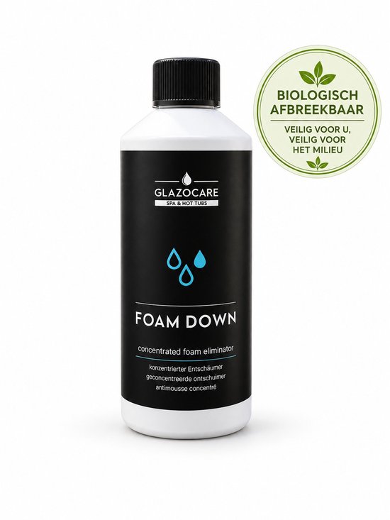 Glazocare Foam Down fles met zwarte dop. Zwarte label met witte tekst en druppels. Groene cirkel met 'Biologisch afbreekbaar'.