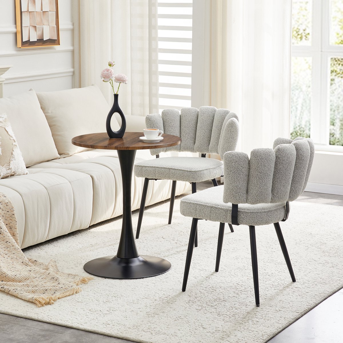 Clruro Eettafelset - Ø60 cm - met 2 Stoelen - Bloemblaadjesrug - MDF/Linnen - Lichtgrijs/Zwart Walnoot + zwart