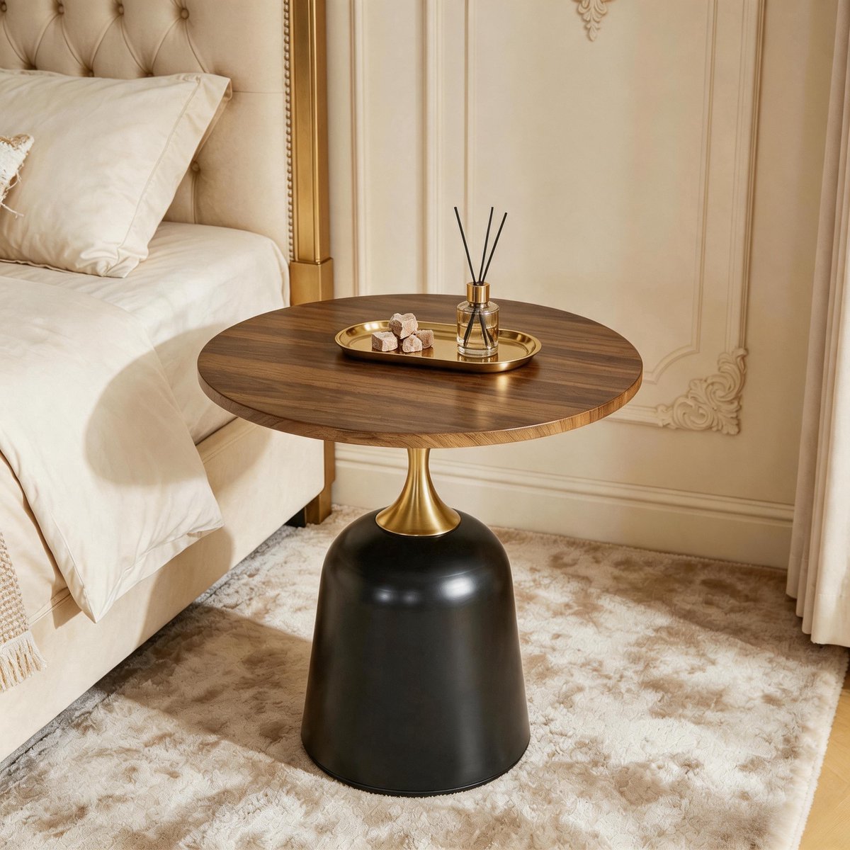 Ropilly Ronde Bijzettafel 60 cm - Walnoot Look Tafelblad - Zwart Metalen Frame - Woonkamer & Slaapkamer - Walnoot/Zwart Notenhout + zwart