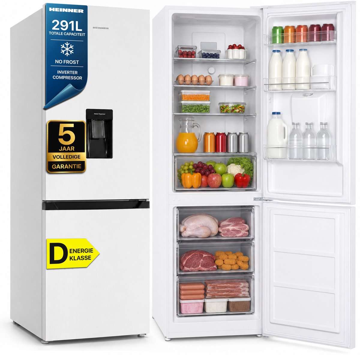 Heinner HCNF-HM291INVWDD Koel-vriescombinatie – 291 L – Total No Frost – Inverter Compressor – Energieklasse D – Instelbare Thermostaat – LED-verlichting – Wit – 185 cm – 5 Jaar Garantie