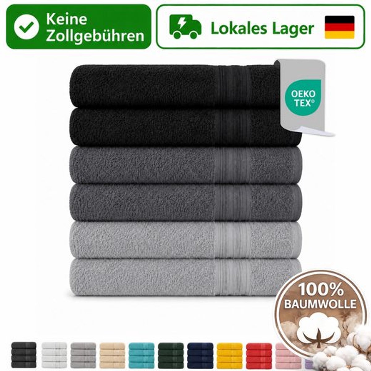 Komfortec Set van 6 Badhanddoek 100x200 cm van 100% Katoen, XXL Saunahanddoek, Grote Douchehanddoek, Zacht & Absorberend, Antraciet&Grijs&Zwart