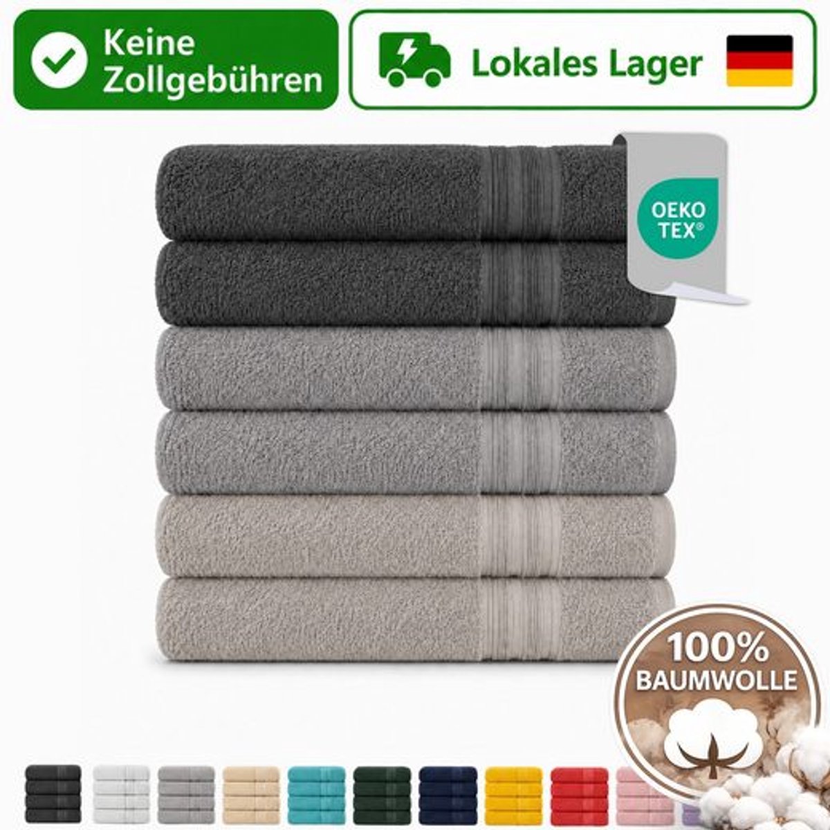 Komfortec Set van 6 Badhanddoek 100x200 cm van 100% Katoen, XXL Saunahanddoek, Grote Douchehanddoek, Zacht & Absorberend, Antraciet&Grijs&Steen