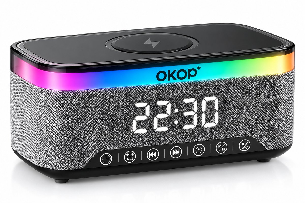 OKOP KP-559 Bluetooth Speaker met Wekker – 15W Draadloze Oplader – RGB-verlichting – Bluetooth 5.3 – FM-radio – USB – AUX –