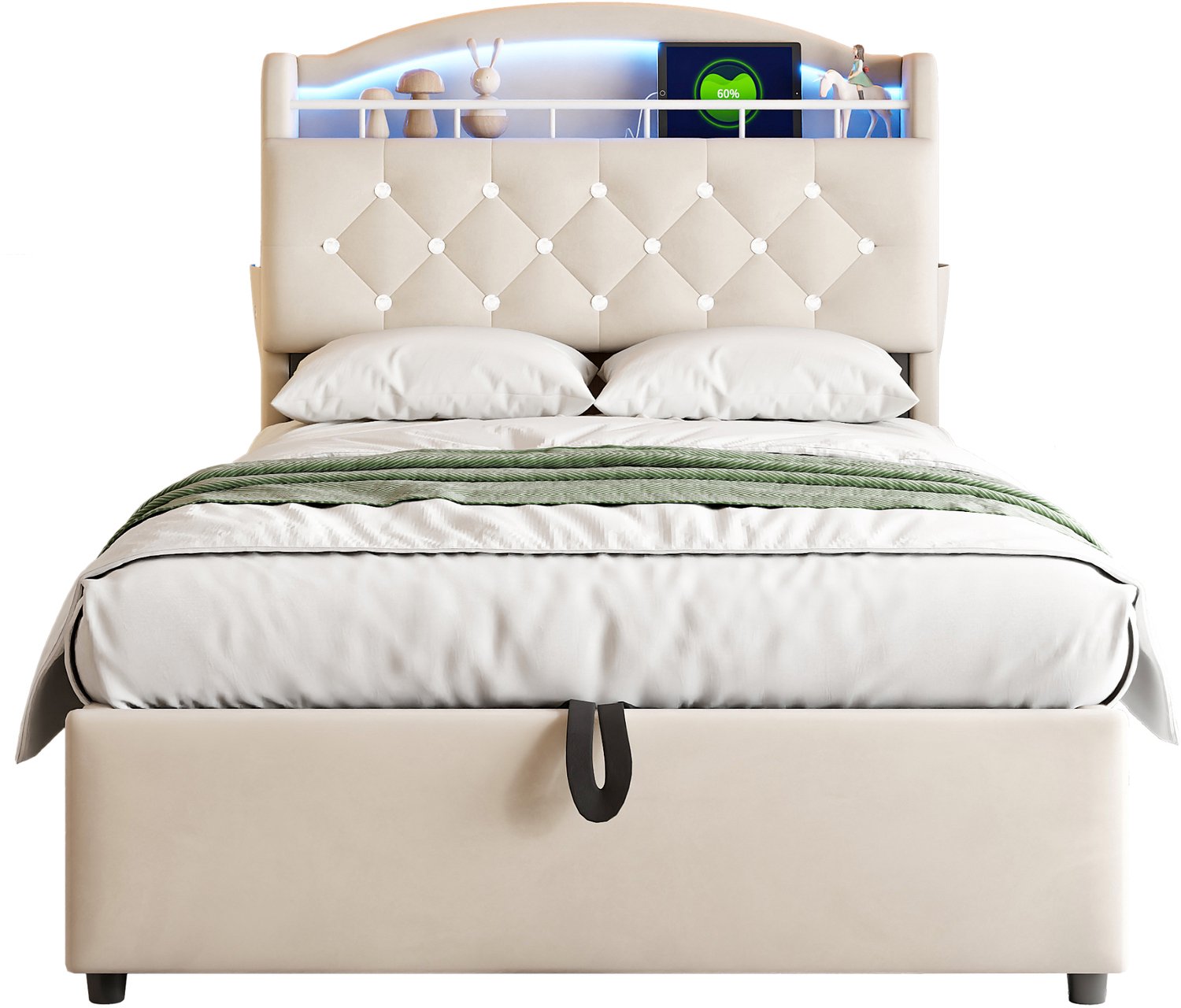 MUVANO Beige fluwelen kinderbed - gestoffeerd kinderbed 90 x 200 cm - kinderbed met opbergruimte - ledverlichting en USB - voor de kinderkamer