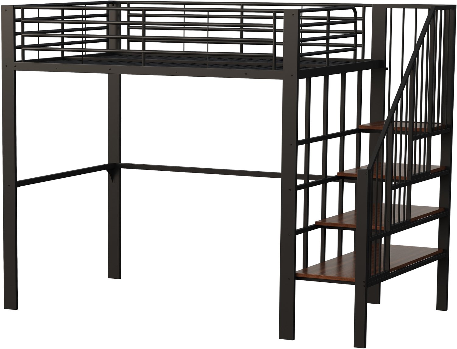 MUVANO Hoogslaper 140 x 200 cm - stevige metalen hoogslaper met ruime opbergruimte, geïntegreerde trap en 24 latten voor kinderen en volwassenen, zwart