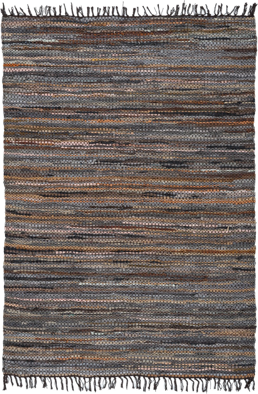Padiro stijlvol laagpolig vloerkleed 200 x 300 cm - donkerbruin - gemêleerd streeppatroon - met franjes - voor vloerverwarming - van leer en katoen