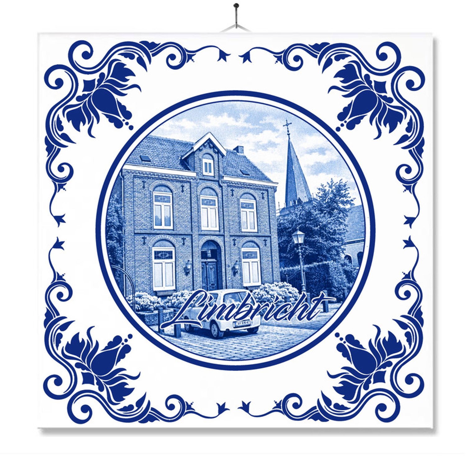 MC Living Tegel Met Opdruk | Limbricht | Delft Blauw | Cadeau | Inclusief Geschenkdoos | Standaard | Ophangsysteem Ontwerp 1