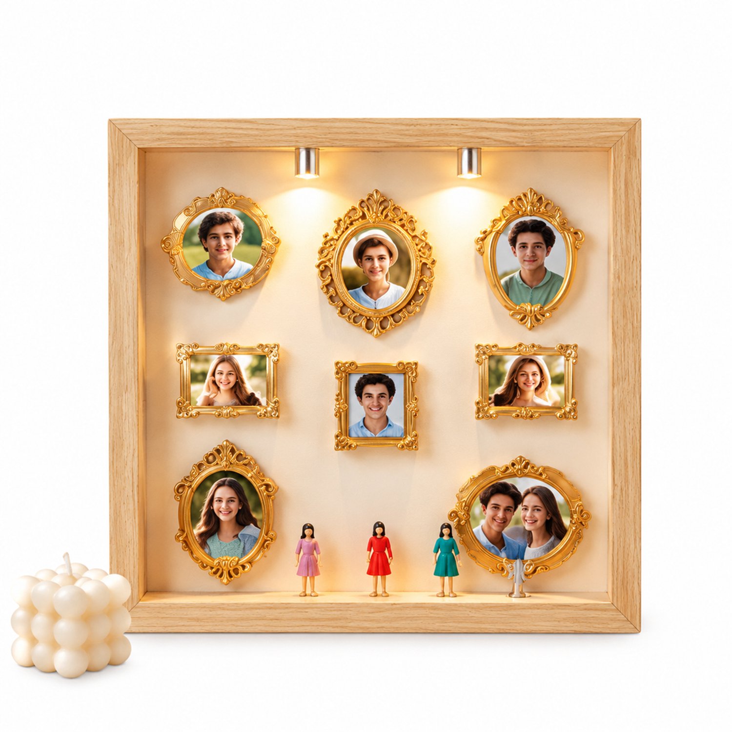SWGOTA Vierkante MDF-displaylijst in naturelkleur, binnenmaat 22,8 × 22,8 × 3 cm, met 8 minilijstjes en 8 willekeurige figuurtjes, tafelmodel