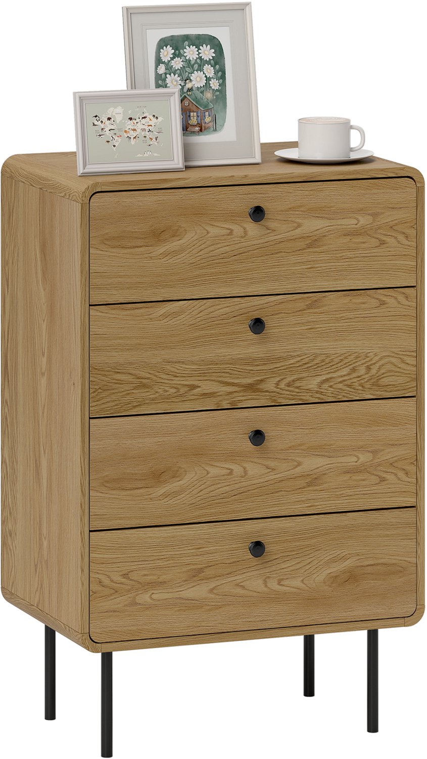 Lunpog Commode 4 tiroirs - meuble de rangement étroit avec pieds en acier - coins arrondis - 60 x 39 x 91,5 cm - chêne Eikenhout