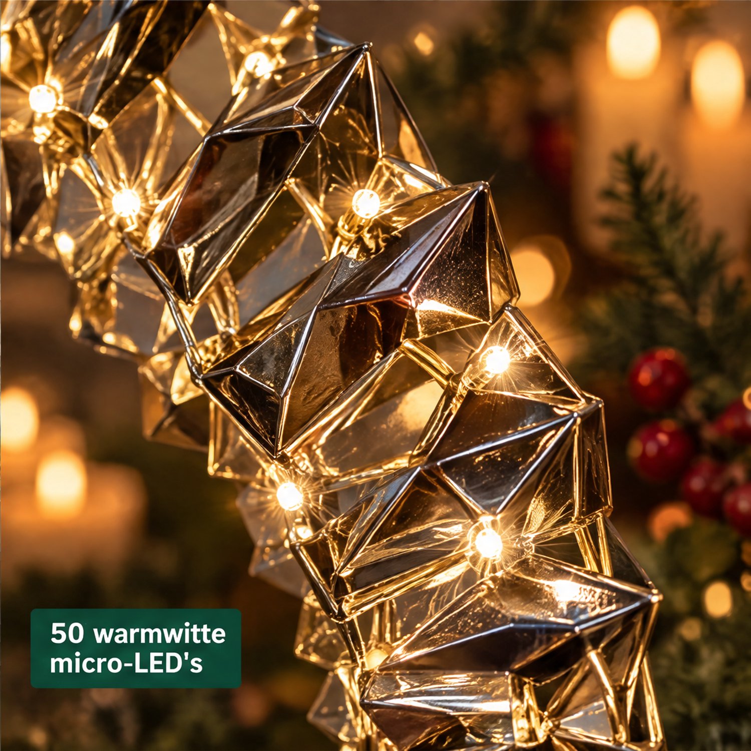 Levano Kerstkrans met Verlichting Goud - 50 LED - Kerstverlichting op Batterij - Kerstdecoratie voor Binnen - Kerstlampjes met Timer - Kerstverlichting Raam - Lichtkrans - LED Krans - Warm Wit - Gouden Krans - Deurkrans - Raamkrans - Kerstring – foto 7