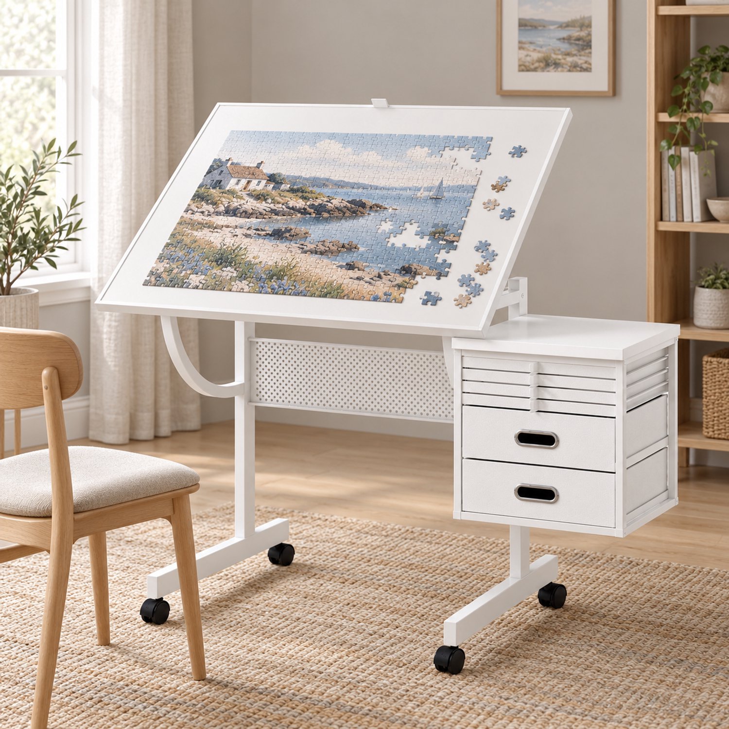 REDOM - Puzzeltafel voor 1500 Stukjes - Verstelbaar Tafelblad 0-65° - 4 Uitneembare Opbergbakken - Dubbelzijdige Afdekplaat - Verstelbare Poten - MDF en Metaal - Wit - 115 x 64 x 74,5 cm