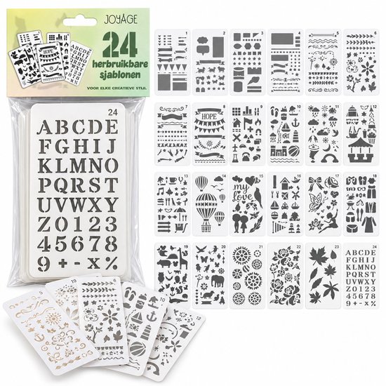 Set van 24 herbruikbare sjablonen met alfabet, cijfers, symbolen, dieren en decoratieve patronen in witte kunststof.