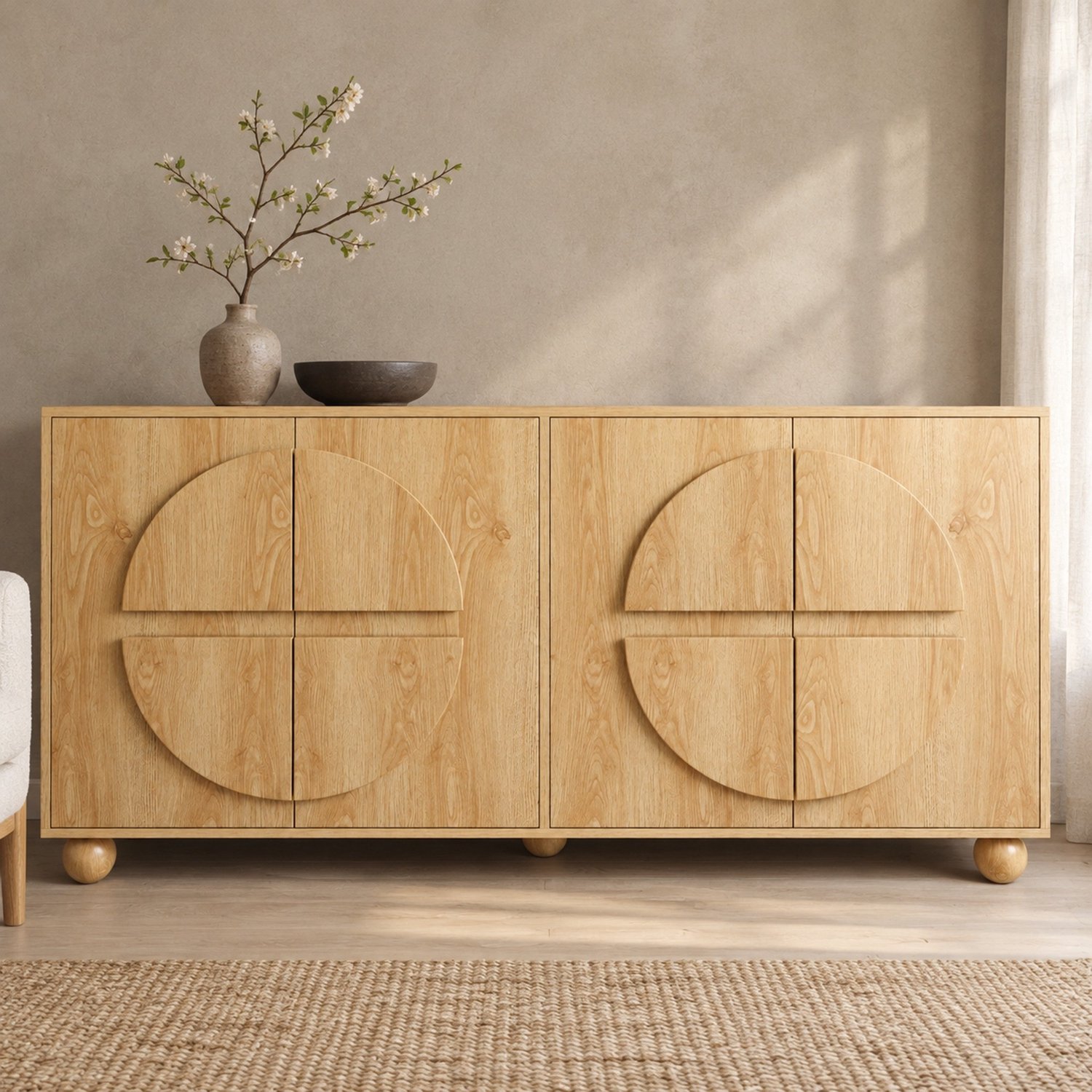 Wishdor Vierdeurs dressoir - Twee vakken met verstelbare legplanken - Cirkelreliëf en bolvormige houten poten - Hal woonkamer en eetkamer - MDF en grenenhout - Naturel - 160 x 38 x 76 cm