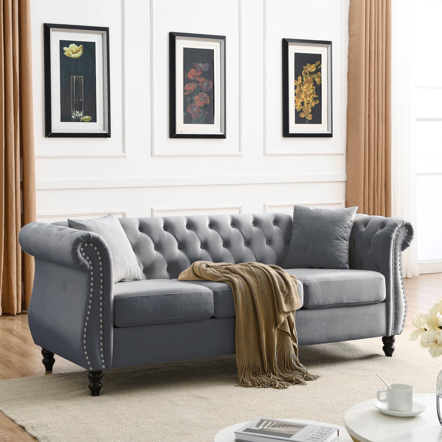 OKWISH Chesterfield Bank 203 x 73,6 x 76 cm - Gecapitonneerde Rugleuning en Siernagels - Woonkamer en Kantoor - Fluweel en Hout - Grijs