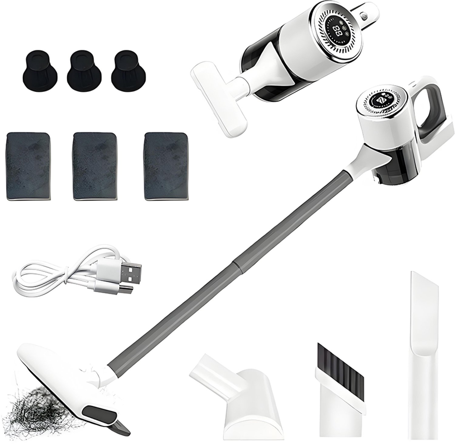 2-in-1 handstofzuiger - Draadloze stofzuiger - Stofzuig- en dweilcombinatie - Krachtige zuigkracht - Verwijdert gemakkelijk dierenharen - Hoog vermogen - Inclusief 3 filters, 3 dweildoeken, vloerborstel, borstelkop en mijtverwijderingsborstel - Wit