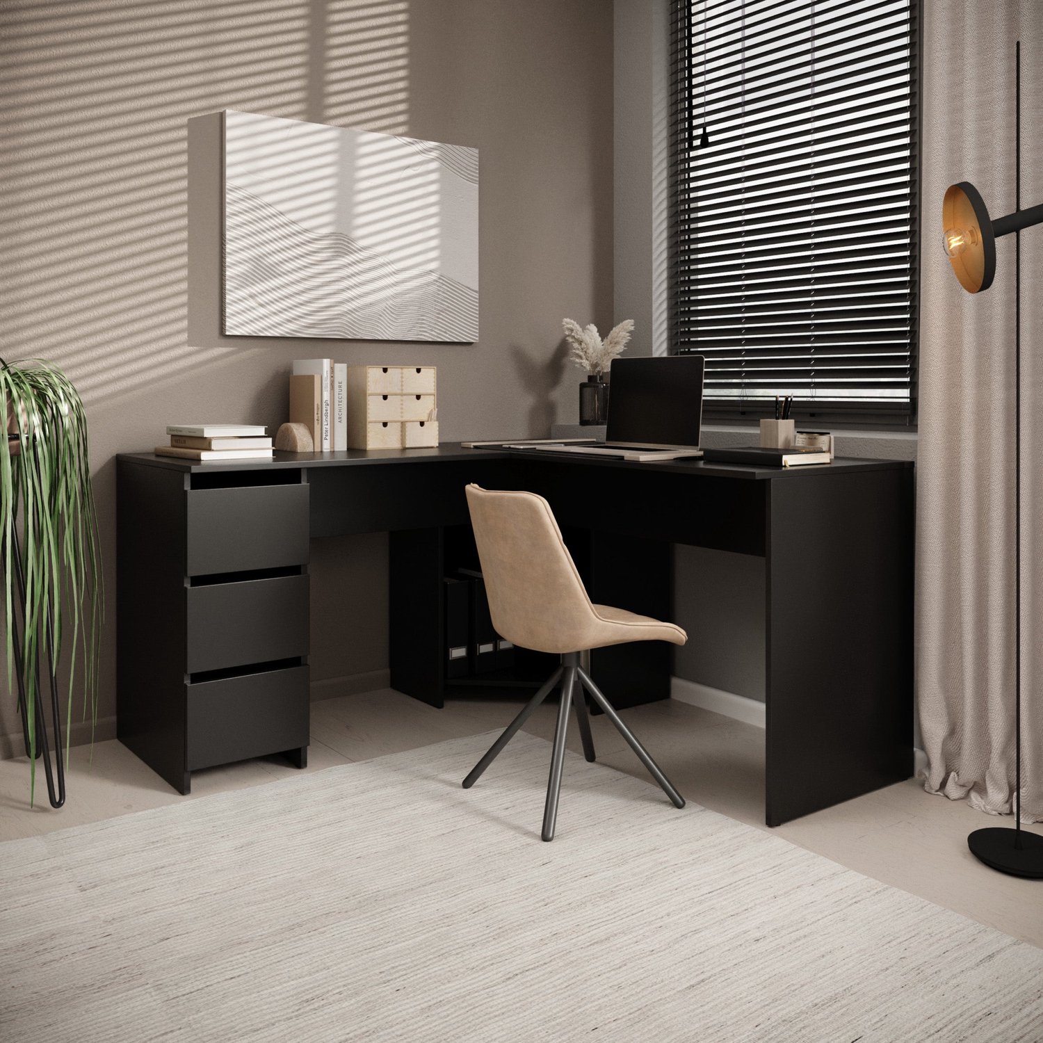 MEUBELLA Fuenta - Bureau - Zwart - 142x142x74 cm
