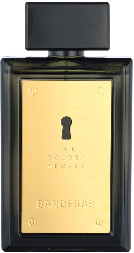 Donkere 100ml flacon van Antonio Banderas The Golden Secret met een opvallende gouden plaat met sleutelgat-ontwerp.