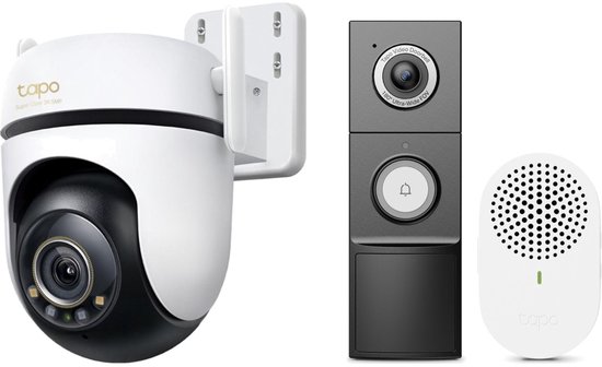 Bundel met witte Tapo buitencamera, zwarte videodeurbel en witte chime voor volledige huisbeveiliging.