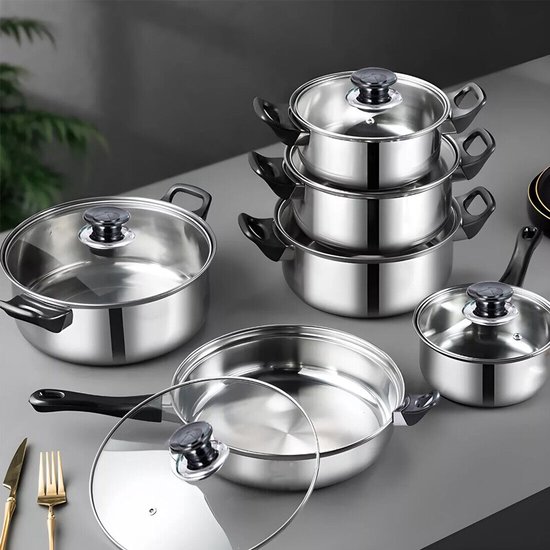 Set roestvrijstalen pannen in verschillende maten, inclusief steelpan en koekenpan, met glazen deksels.