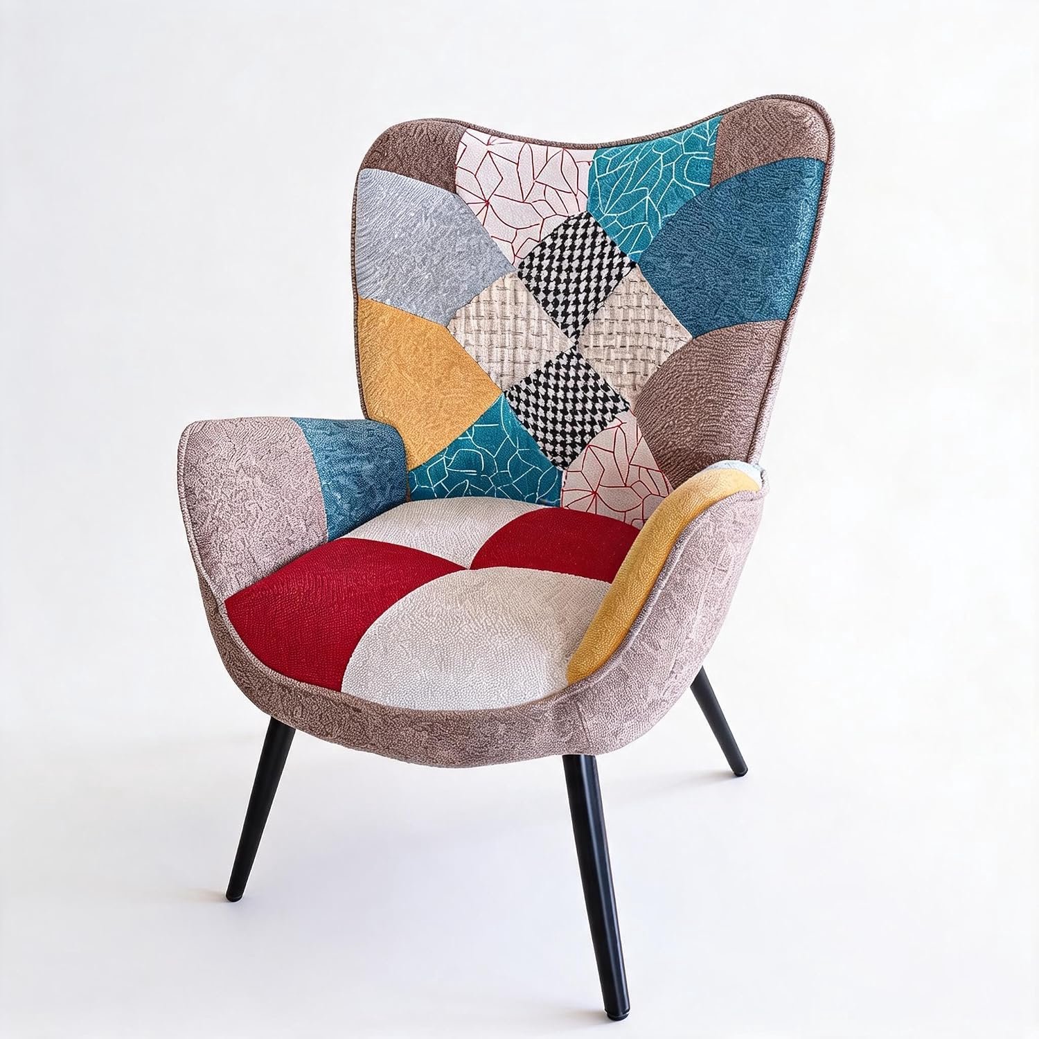 HOERFURIY Fauteuil Patchwork met Houten Poten - Oorfauteuil voor Woonkamer Meerkleurig