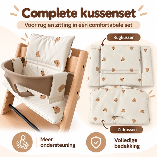 Stoelverkleiner Kinderstoel - Kussenset - Beertjes Print - Crème - Nylon - Zitkussen en Rugkussen - tot 26 cm Rug — afbeelding 2