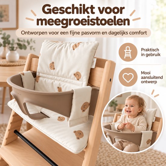 Stoelverkleiner Kinderstoel - Kussenset - Beertjes Print - Crème - Nylon - Zitkussen en Rugkussen - tot 26 cm Rug — afbeelding 4