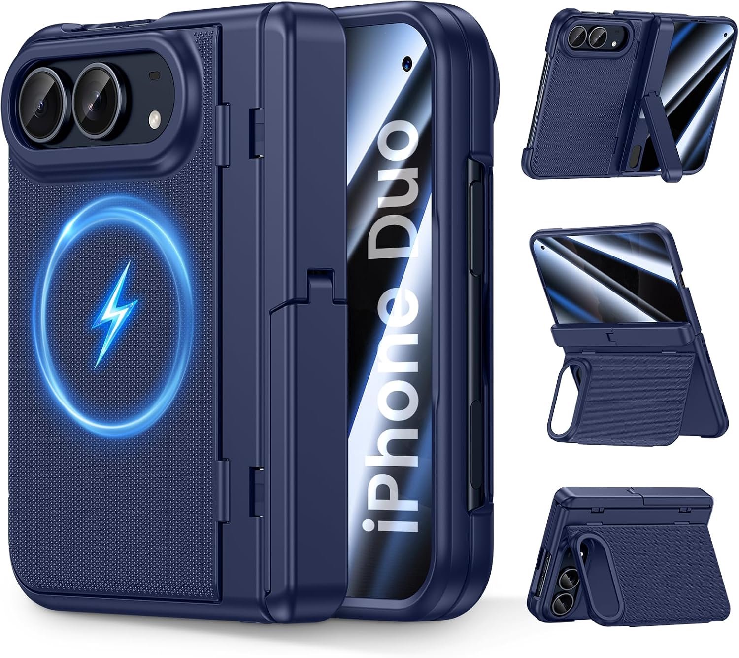 Zandarix Hoesje Geschikt voor Apple iPhone Duo - Back Cover Hoesje - Scharnierbescherming - Privacy Screen Protector - Geschikt voor Mag - Full 360 Graden - Dual Kickstand - Blauw