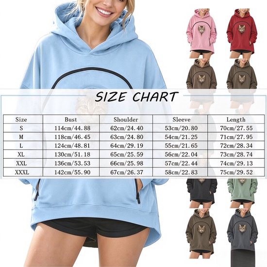Maattabel voor hoodies met een buidel voor huisdieren, getoond in verschillende kleuren met een model.