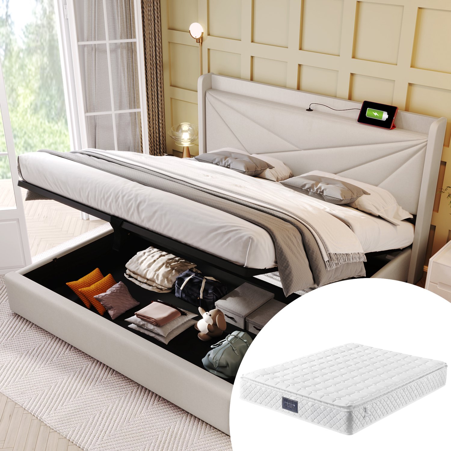 Vovtenza Gestoffeerd tweepersoonsbed met opbergruimte - bedbox met USB Type-C oplaadfunctie - hoofdbord - opbergbedden - bedframe van linnen - kinderbed 140x200 met lattenbodem (inclusief matras) beige