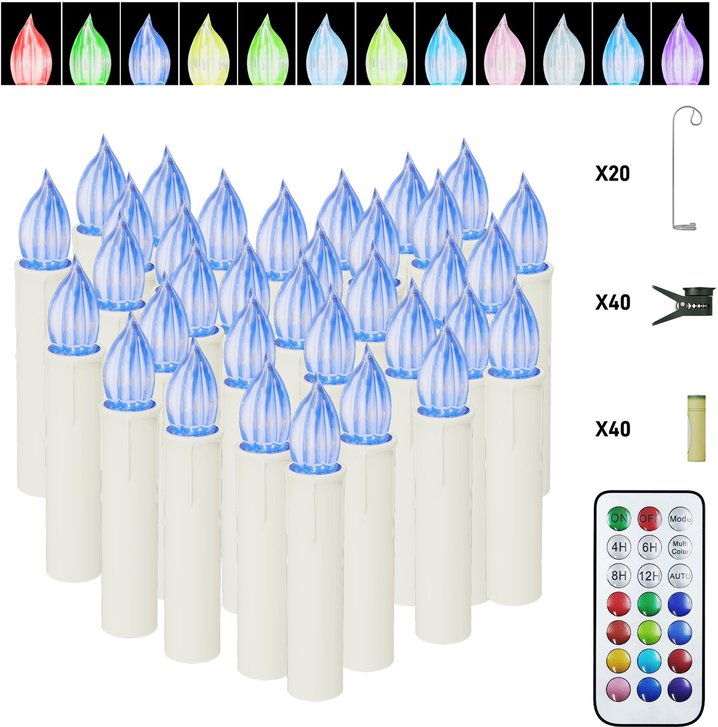 NAIZY LED Kaarsen 40 Stuks - RGB Kleurwisselend - Kerstboomkaarsen met Clip - Timer & Afstandsbediening - IP44 - Batterijen Inbegrepen - NAIZY Multicolour licht