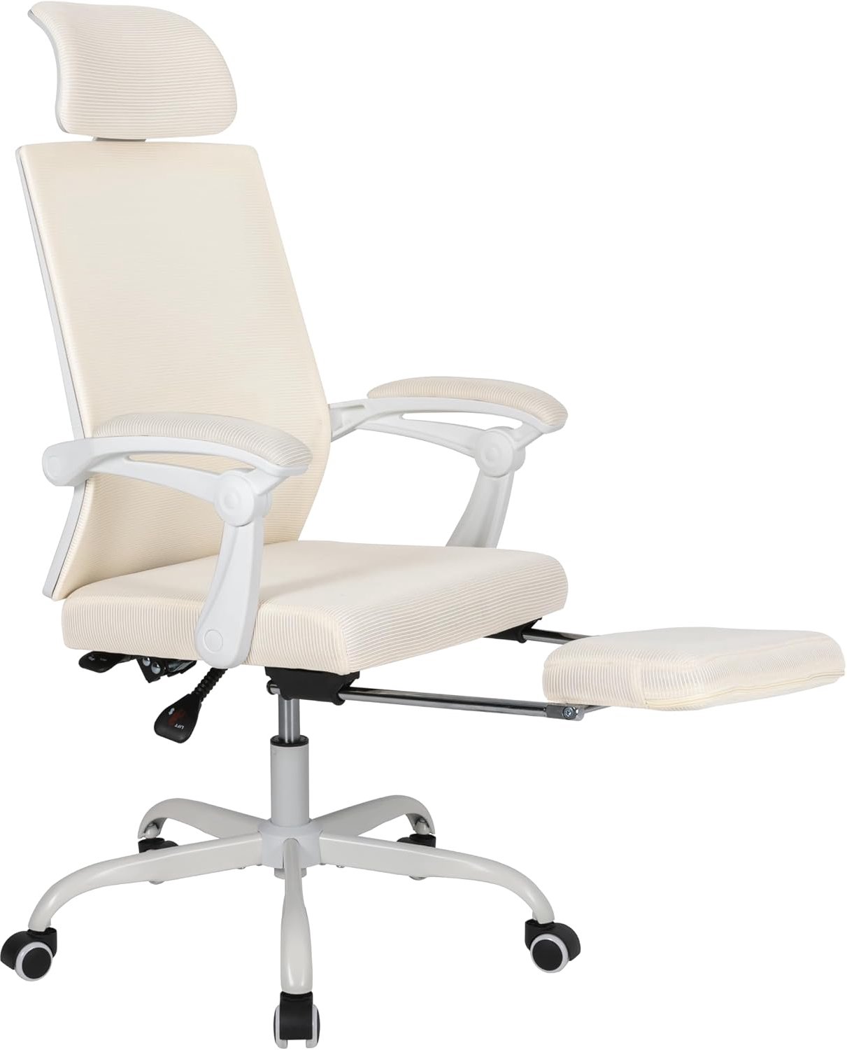 UEV Ergonomische bureaustoel, bureaustoel met wielen en armleuningen, verstelbare hoogte en hoofdsteun, voetensteun, draagvermogen 136 kg, gemaakt van ademend gaas, beige