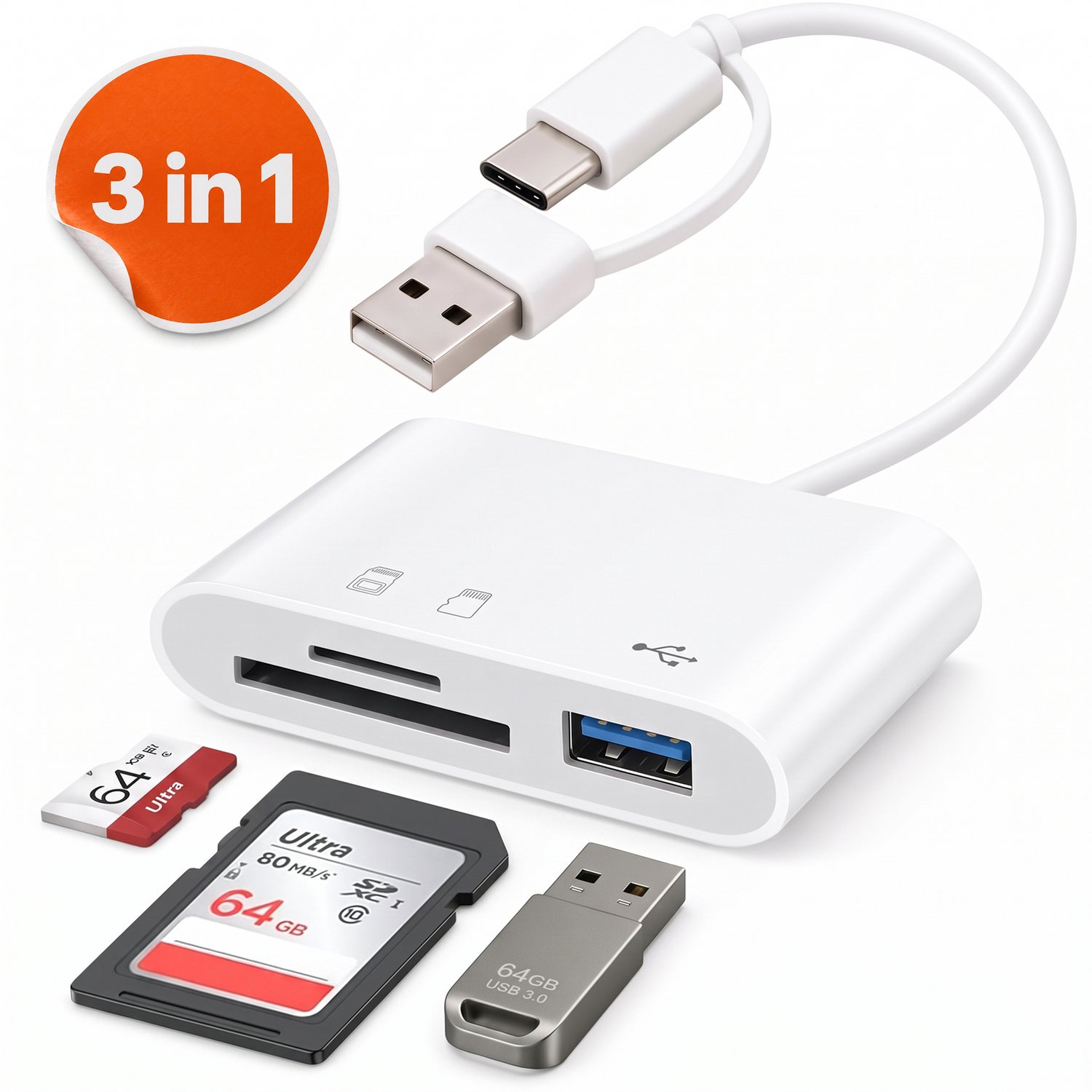 Skoov SD Kaart Lezer met USB-C aansluiting - Micro SD - Adapter - Cardreader - Geheugen kaart - Kaartlezer - Converter - TF - USB A naar USB C - Wit