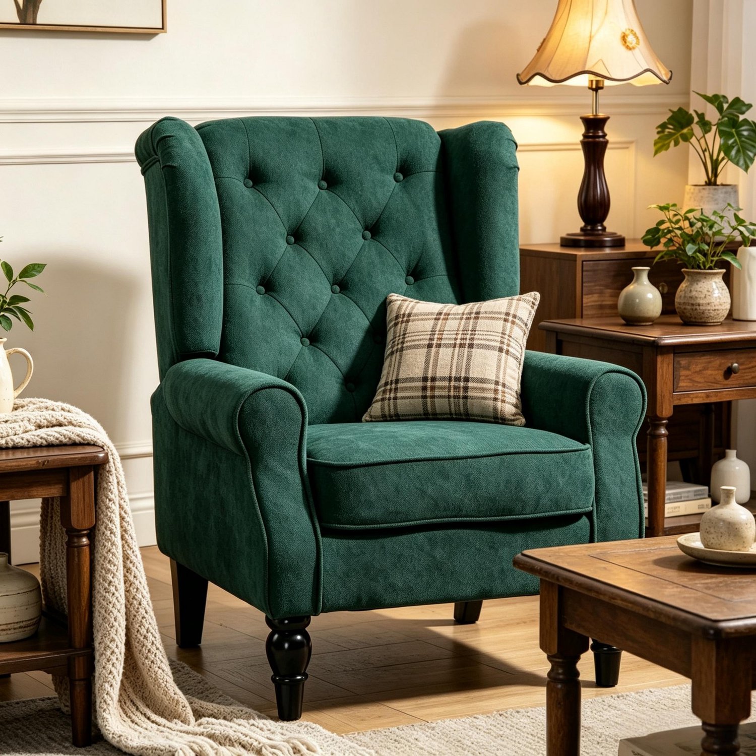OKWISH Fauteuil 74 x 86 x 102 cm - Gecapitonneerde Hoge Rugleuning en Brede Zitting - Voor Woonkamer of Leeshoek - Stof en Hout - Donkergroen